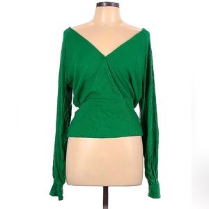 Anthropologie V-Neck Balloon Sleeve Faux Wrap Top in Green, Size Large